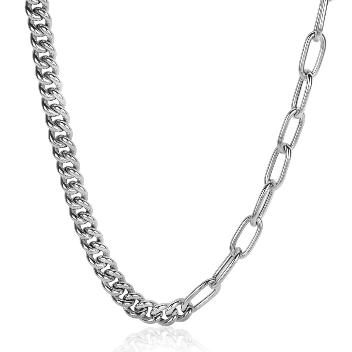 Zilveren ketting met een combinatie van schakels in verschillende vormen.