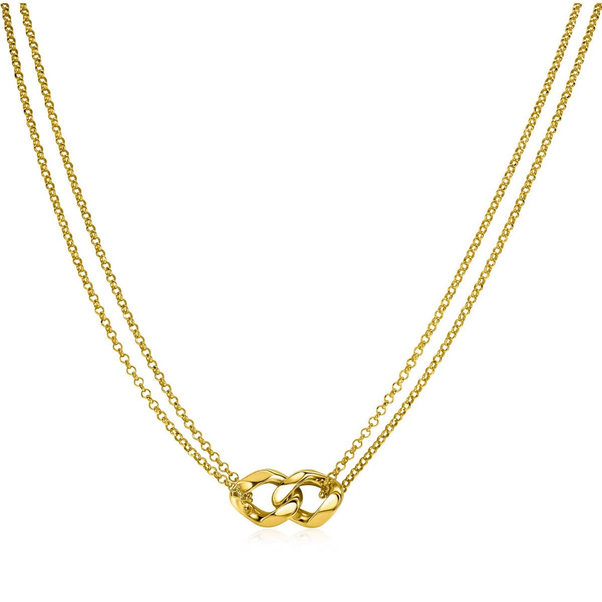 Gouden ketting met dubbele schakel en een infinity-symbool als opvallend detail.