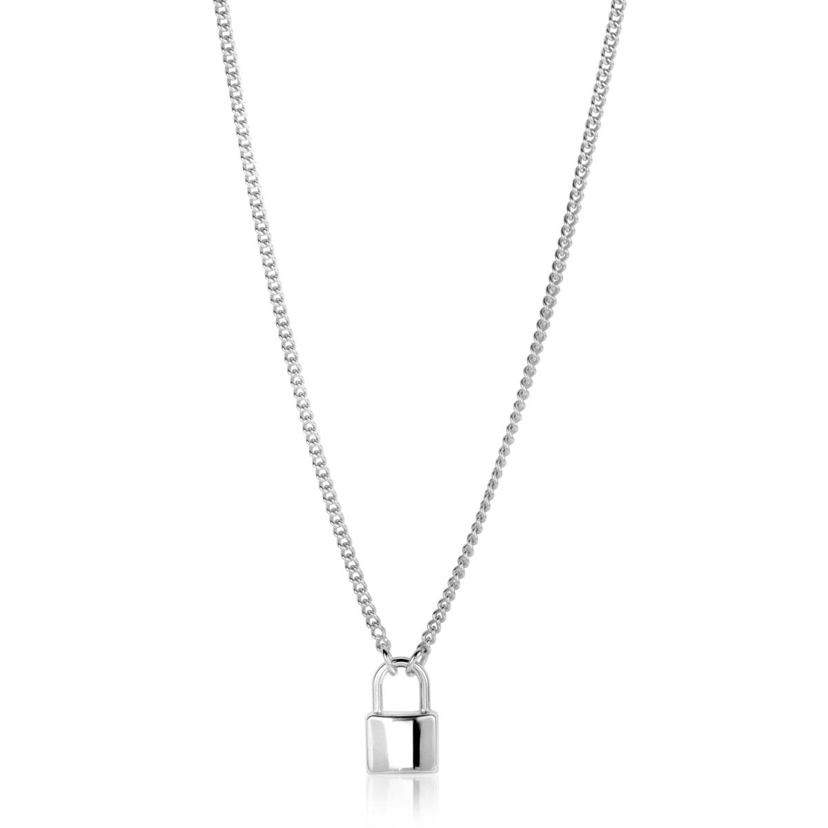 Zilveren ketting met een hangslotje als bedel, fijne schakelketting.