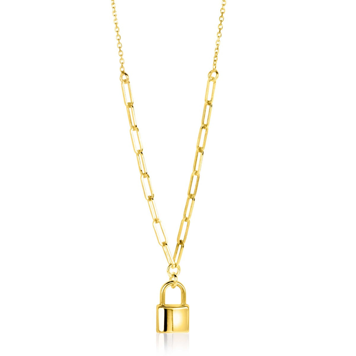 Gouden ketting met schakels en een hangslot als hanger.