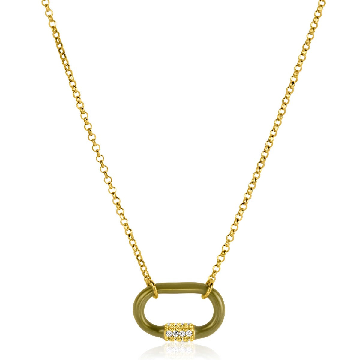 Gouden ketting met een schakelsluiting en een kleine rij heldere steentjes.