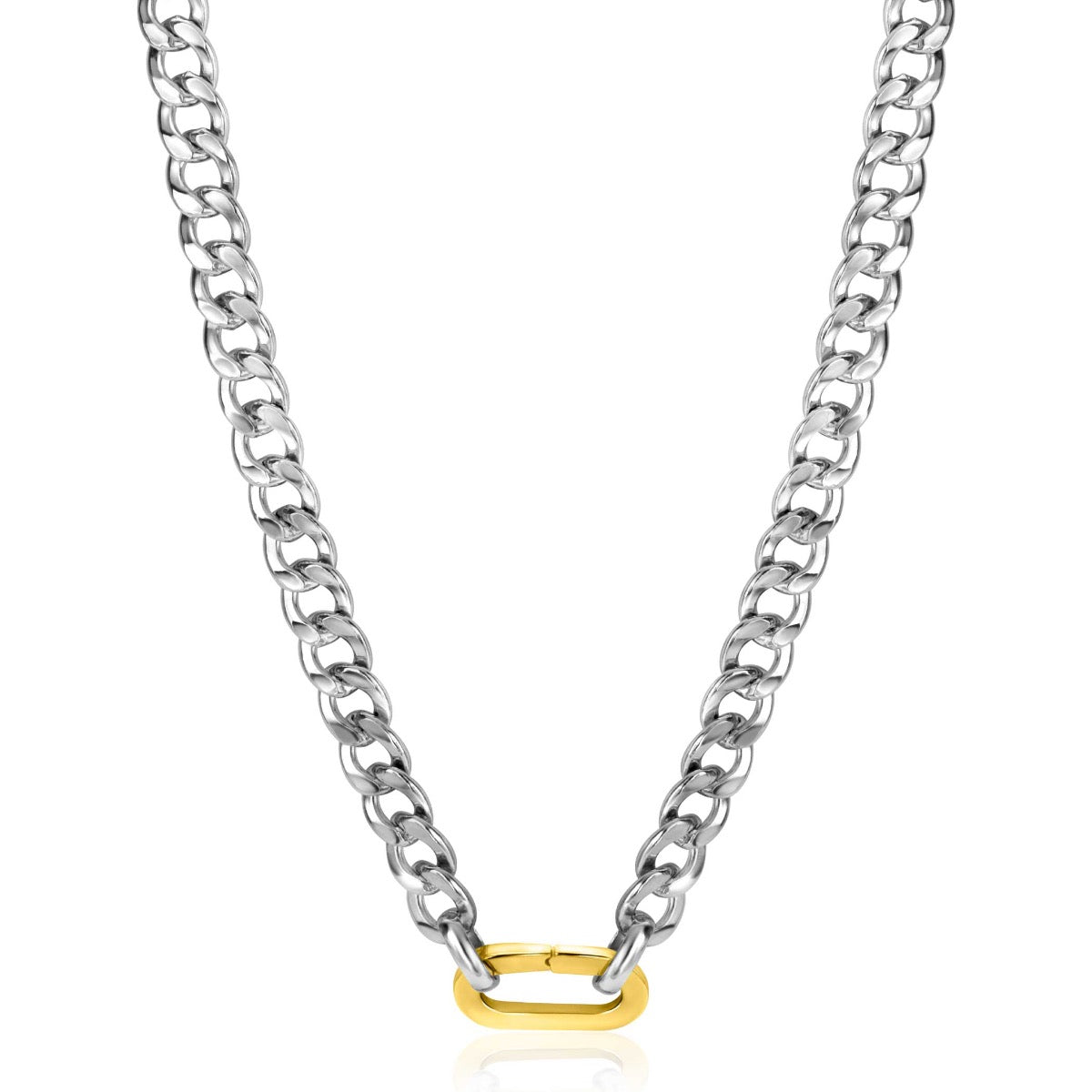 Zilveren ketting met grote schakels en een gouden sluiting.