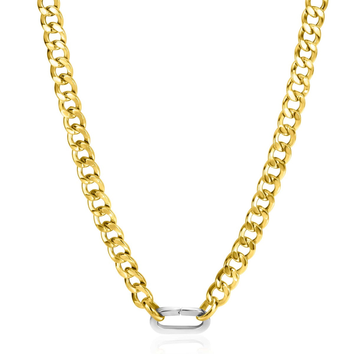 Gouden ketting met schakelontwerp en een zilveren sluiting.