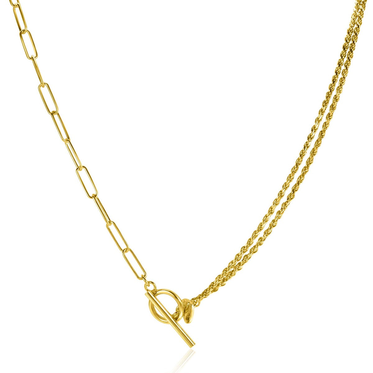 Gouden ketting met een schakelontwerp en een sluiting met een T-vormige ring.