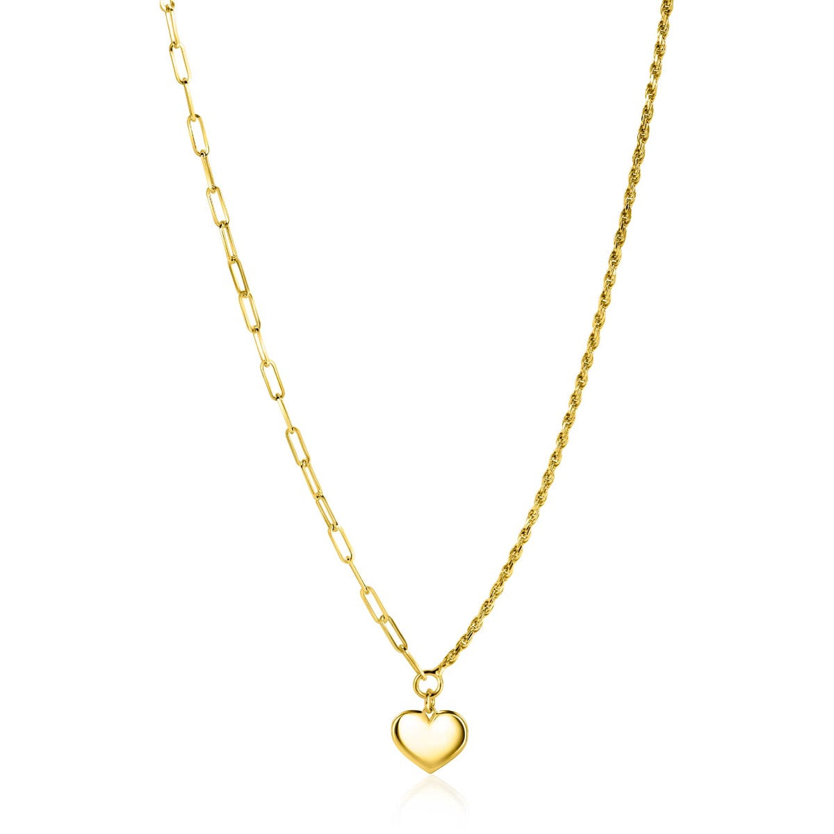 Gouden ketting met een schakelstructuur en een hartvormige hanger.
