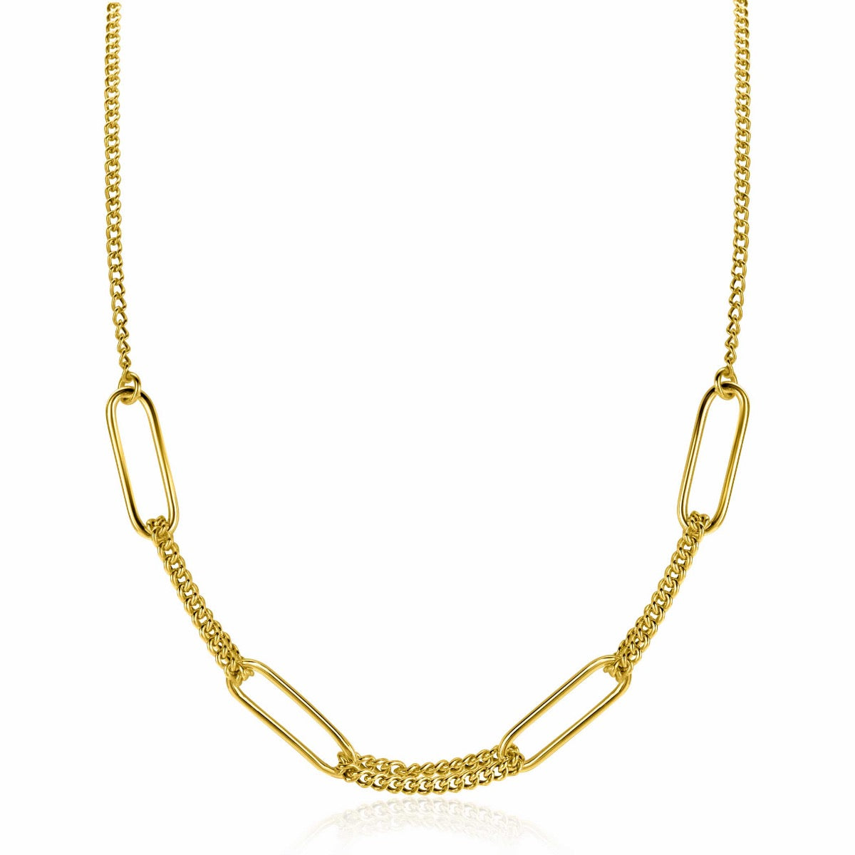 Gouden ketting met een combinatie van rechte en schakels, versierd met kleine steentjes.