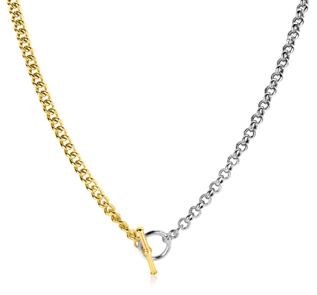 Zilveren ketting met een schakelontwerp en een sluiting in een gouden kleur.