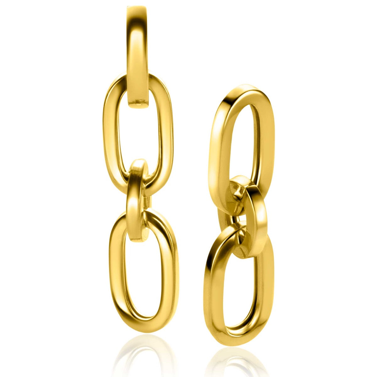 Gouden, geplateerde oorbellen met een schakelpunt en een modern, minimalistisch ontwerp.