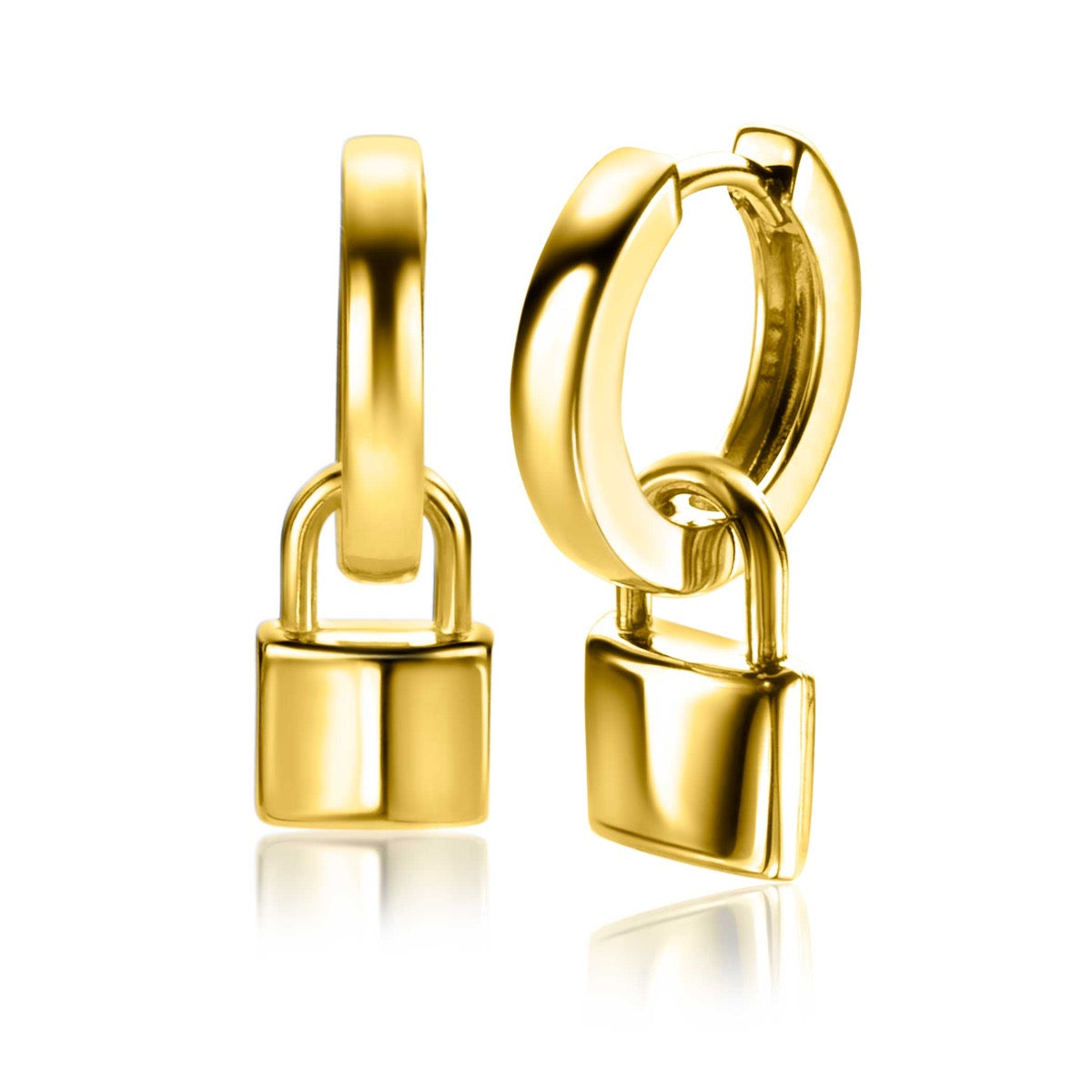 Gouden, vergulde oorbellen met een hangslot-ontwerp en een glanzende afwerking.