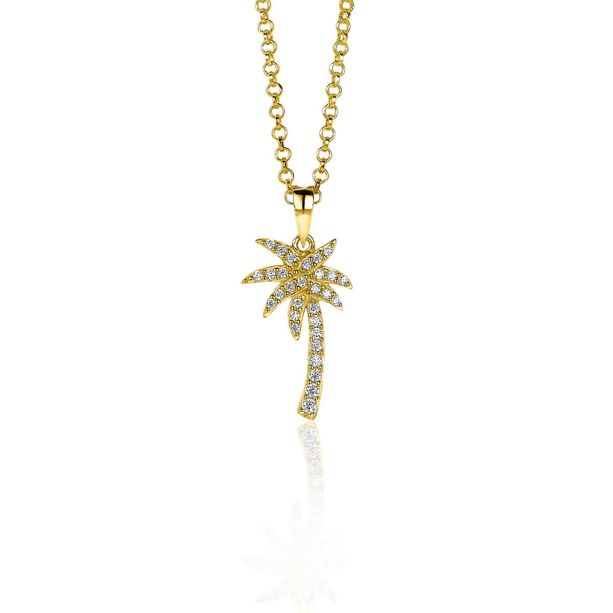 Gouden hangertje in de vorm van een palmboom, bezet met sprankelende steentjes, aan een fijne ketting.