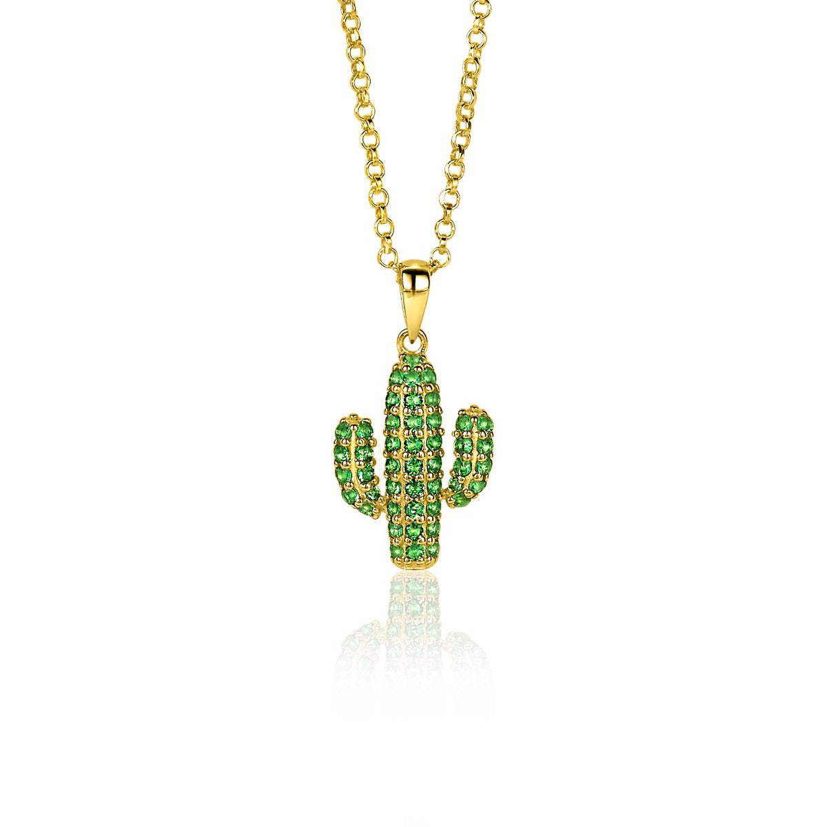 Gouden hanger in de vorm van een cactus, bezet met groene steentjes, aan een fijne ketting.