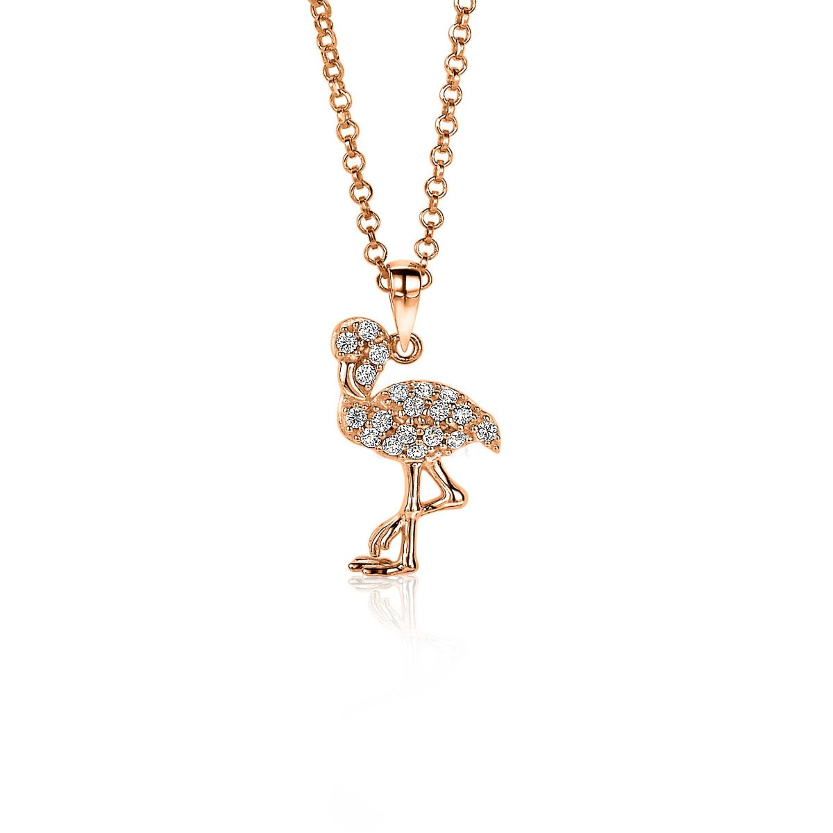 Roségouden hanger in de vorm van een flamingo, bezet met sprankelende steentjes.