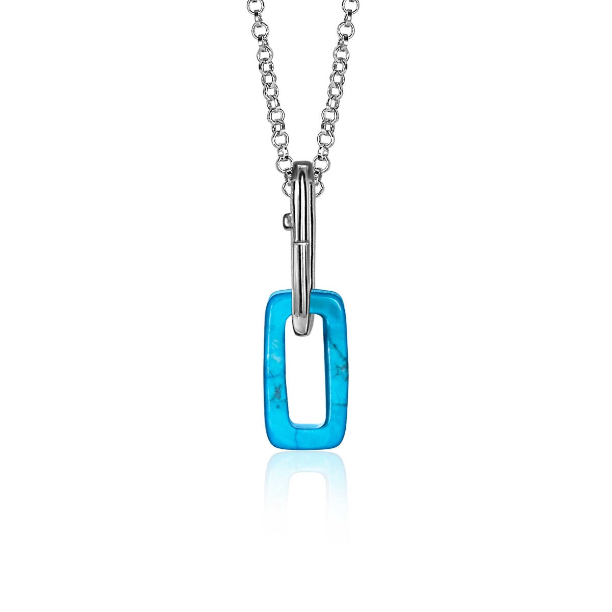 Zilveren hanger met een turquoise rechthoekige steen, bevestigd aan een fijne ketting.