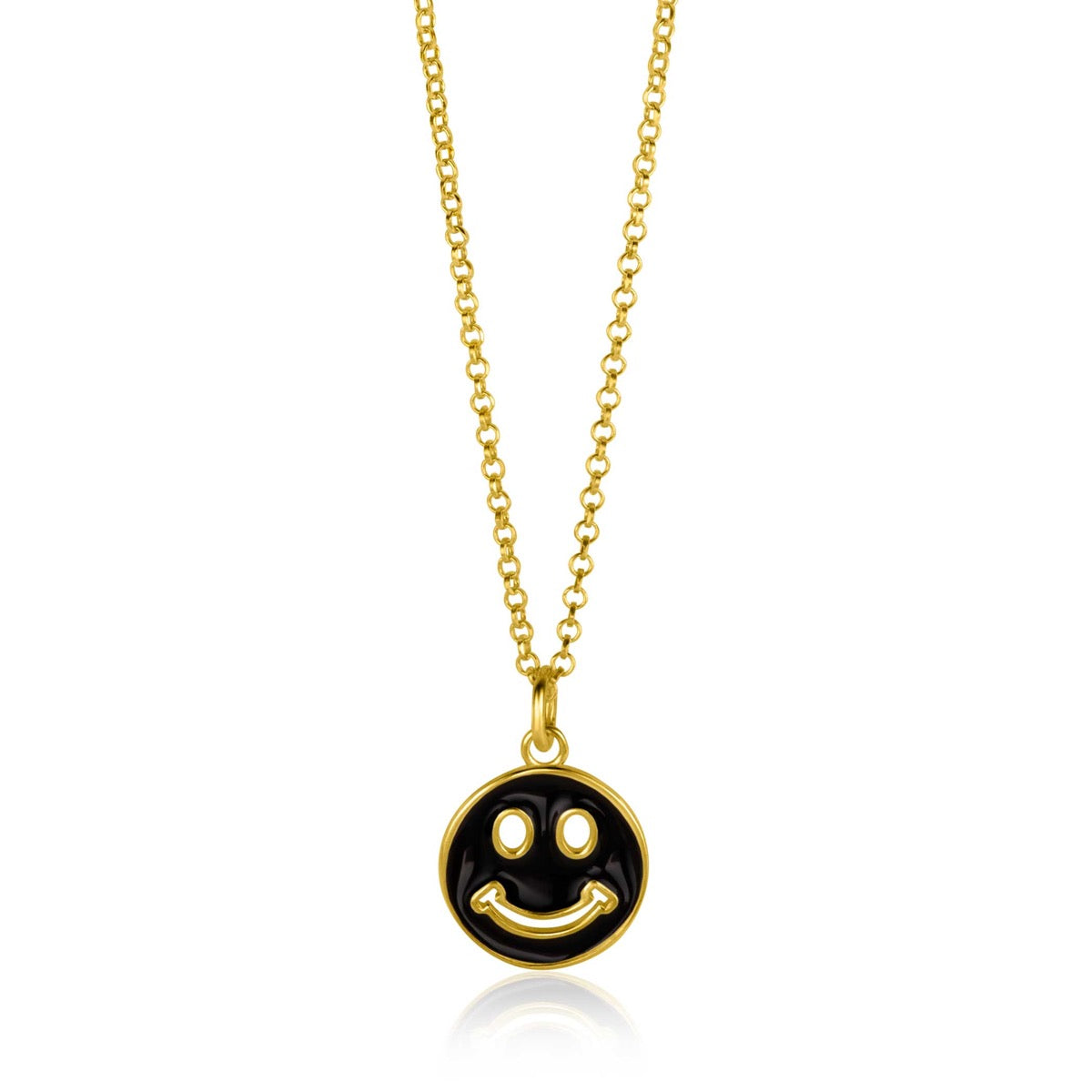 Gouden hanger met een zwarte smiley, hangend aan een fijne schakelketting.