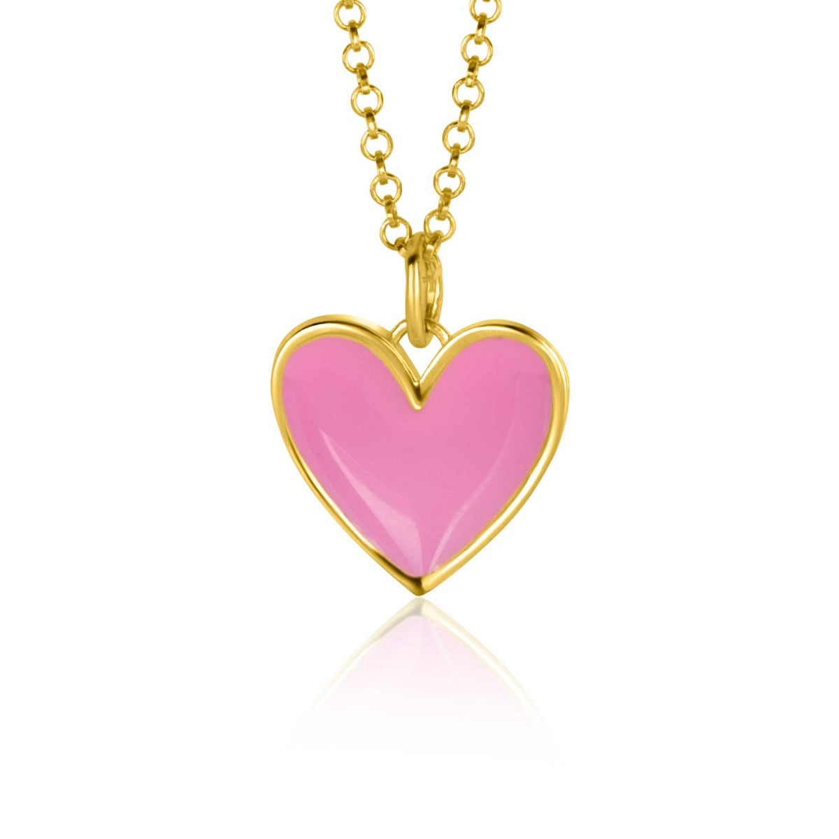 Gouden hanger in de vorm van een hart met een roze glanzende afwerking, aan een fijne ketting.