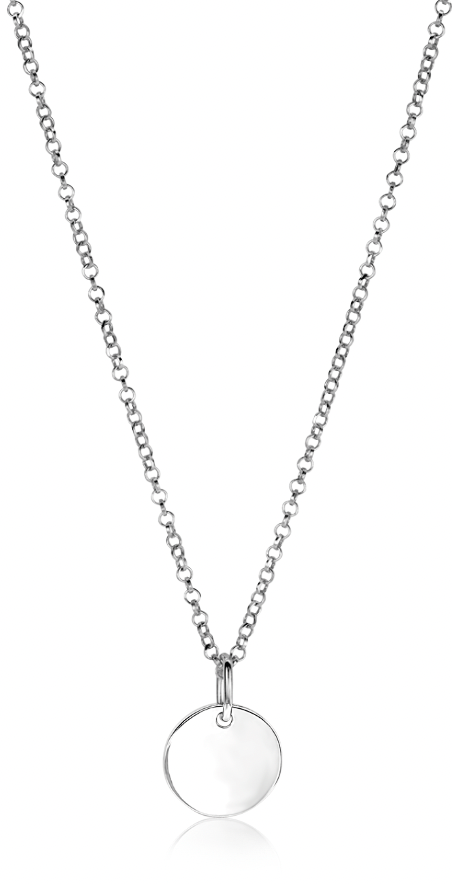 Zilveren hanger met een ronde, gladde schijf aan een fijne ketting.