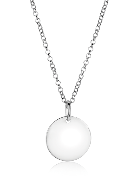 Zilveren hanger met een ronde, gladde schijf aan een fijne schakelketting.