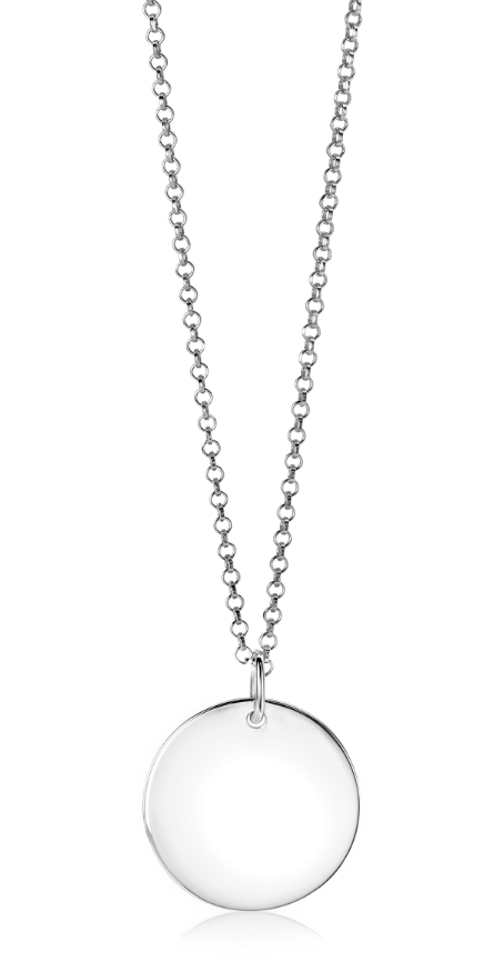 Zilveren hanger met een ronde, gladde schijf aan een fijne ketting.