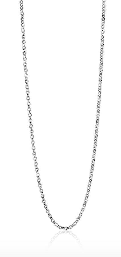 Zilveren ketting met een fijne schakelstructuur en een glanzende afwerking.