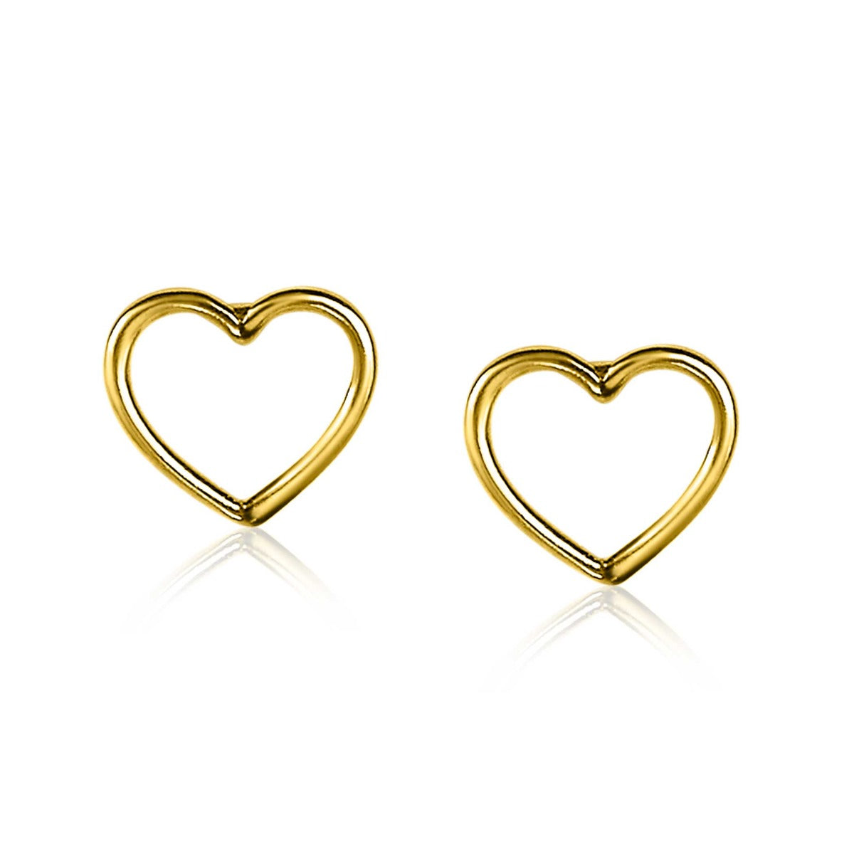 Gouden, hartvormige oorbellen met een open ontwerp en een glanzende afwerking.