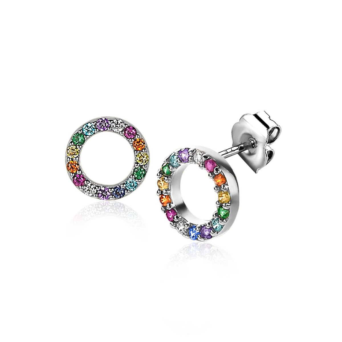 Zinzi Oorbellen Zilver Zio2170 Z: zilveren knopjes van Zinzi met kleine regenboogkleurstenen rond de ring en vlindersluiting. Code: ZIO2170Z.