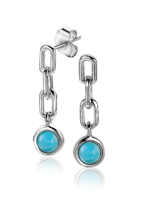 Zilveren oorbellen met een schakelontwerp en een turquoise steentje.