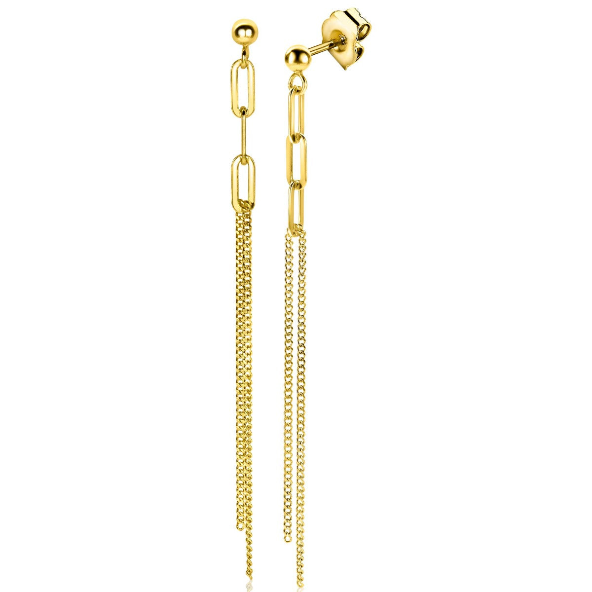 Gouden oorbellen met een combinatie van schakels en kettingdetails.
