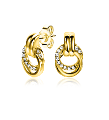 Gouden oorbellen met een dubbele ring en sprankelende steentjes aan de binnenkant.