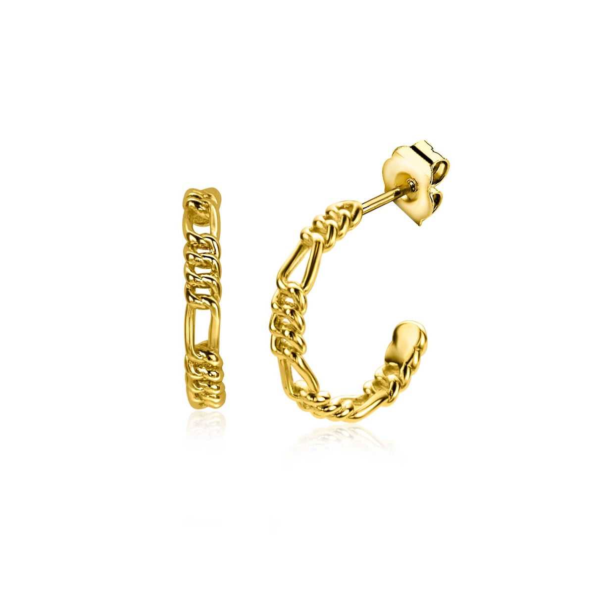 Gouden, vergulde oorbellen met een schakelpuntdesign en een sluiting.