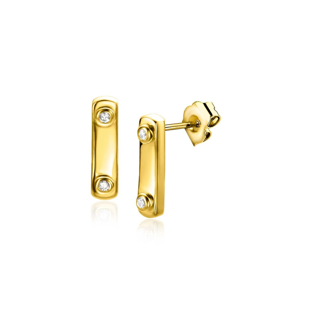 Gouden oorbellen met twee kleine steentjes en een strakke, rechthoekige vorm.
