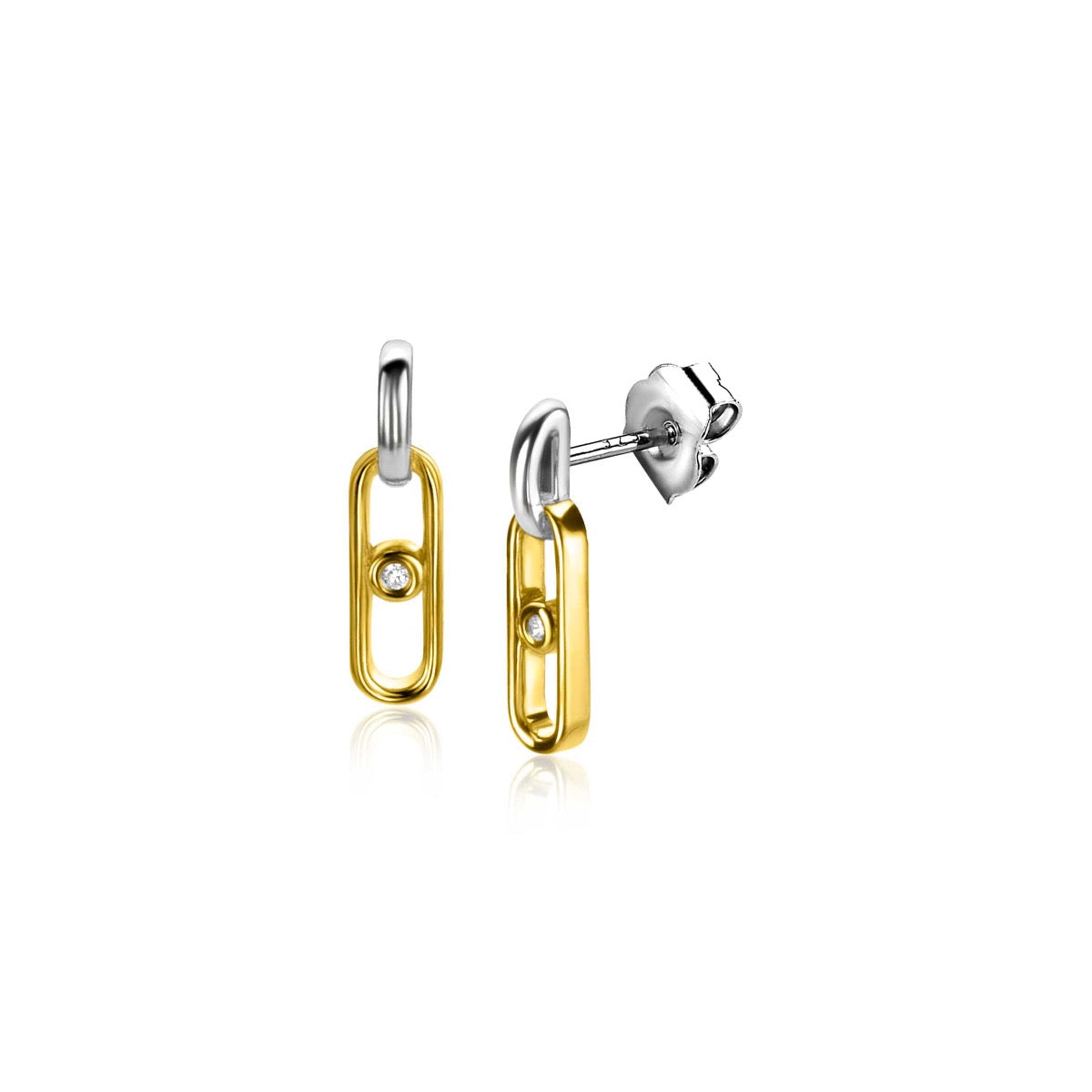 Gouden geplateerde oorbellen in de vorm van een paperclip met een zilveren sluiting en een steentje.