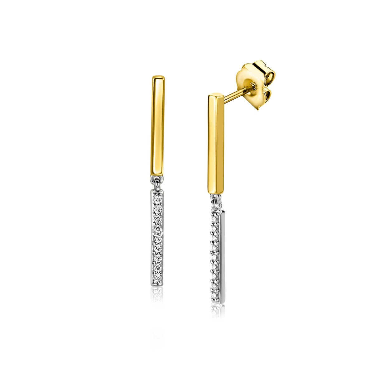 Gouden oorbellen met een rechte staaf en een zilveren, sprankelende hanger.