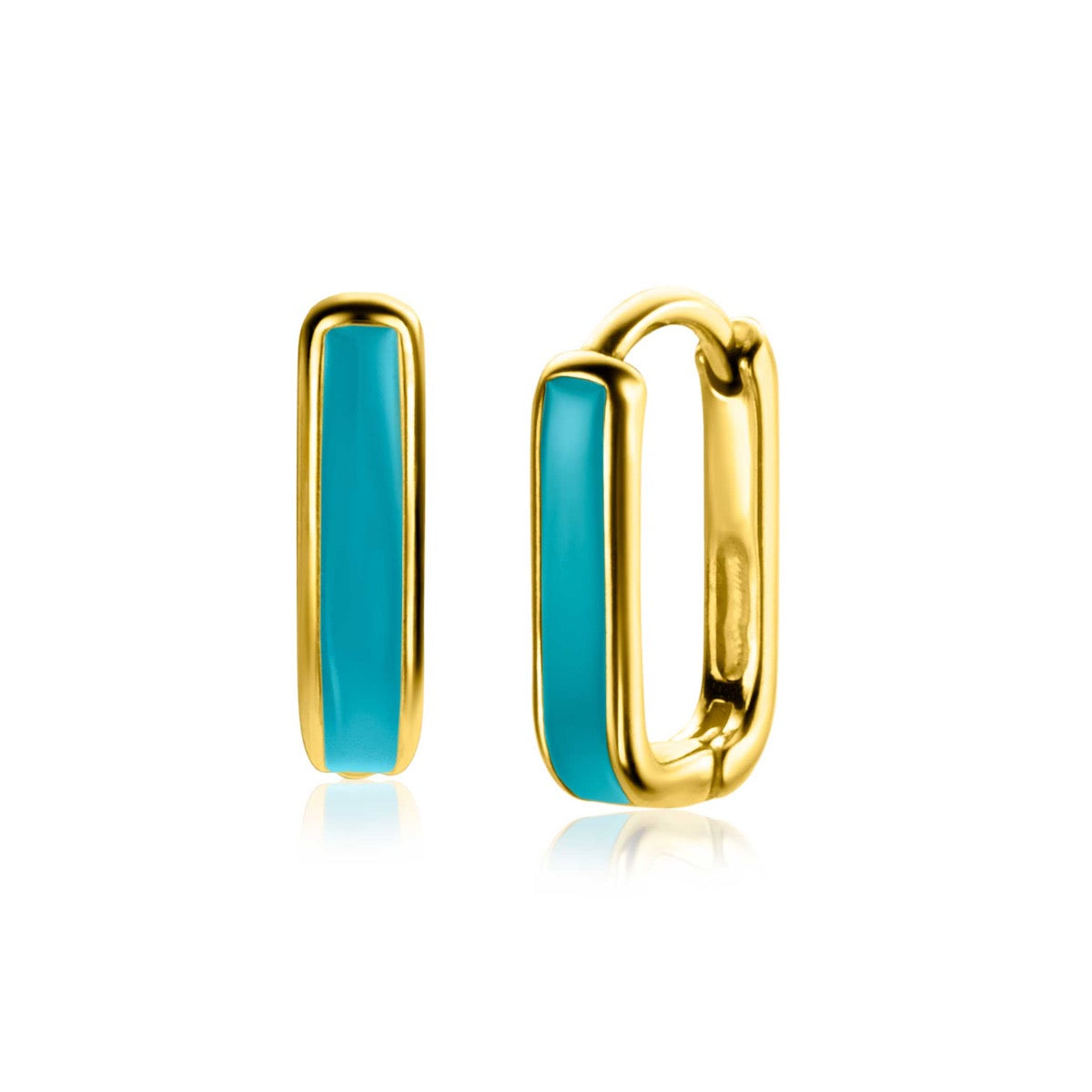 Gouden oorbellen met een turquoise, rechte inzet en een glanzende afwerking.