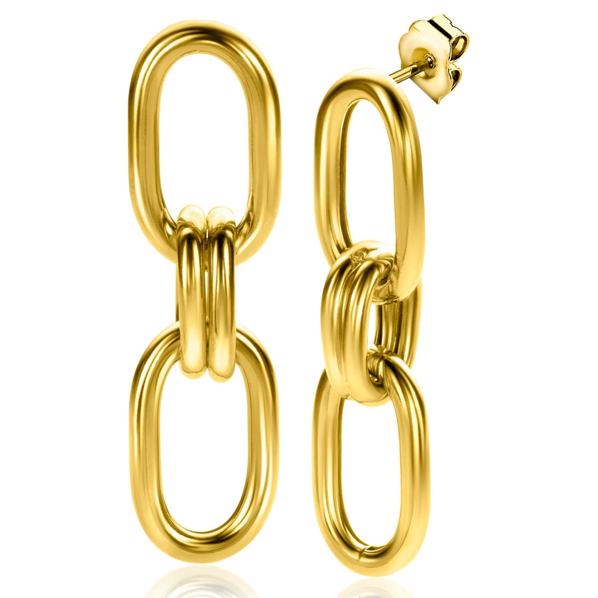 Gouden, geplateerde oorbellen met een modern, dubbel ovaal ontwerp en een glanzende afwerking.