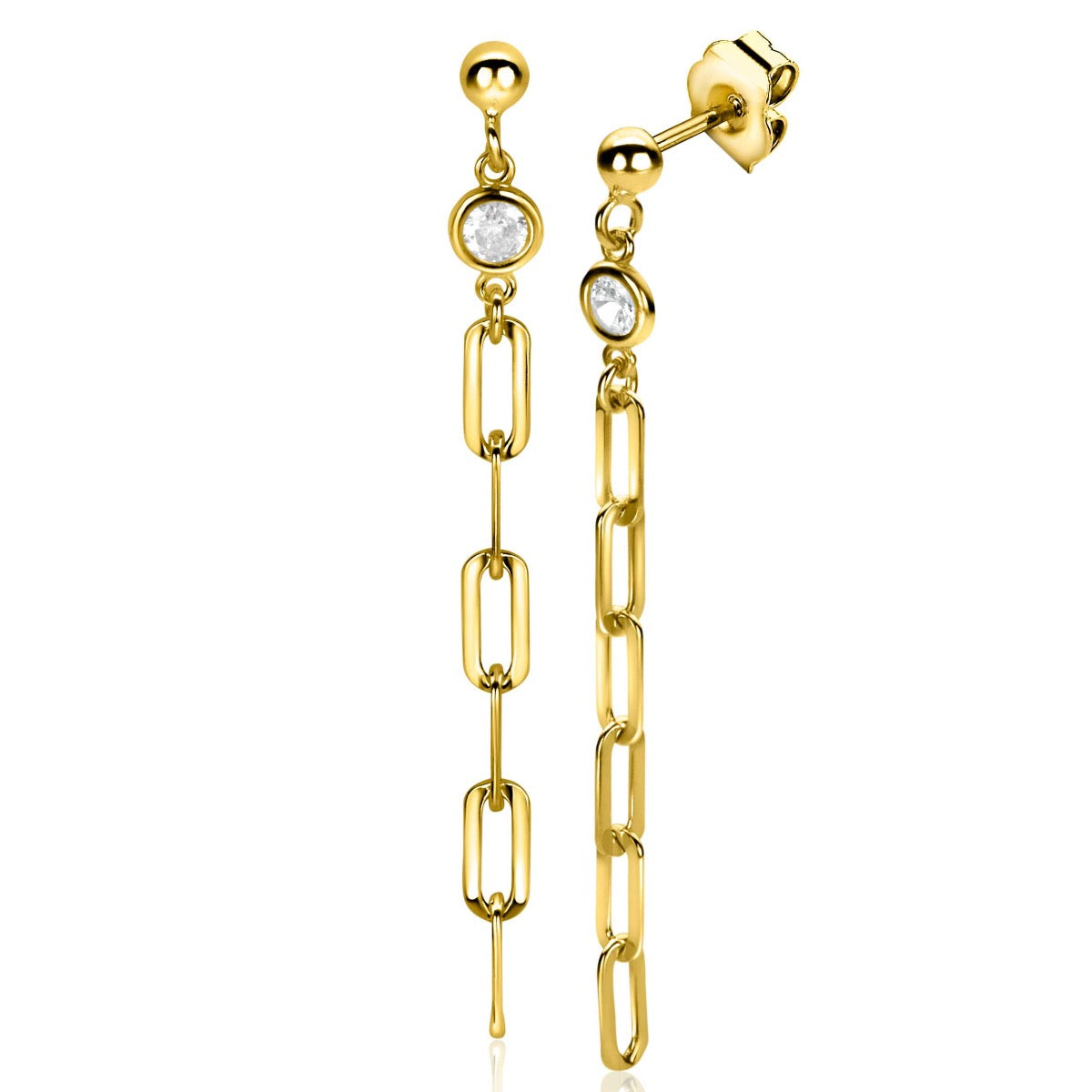 Gouden oorbellen met een lange kettingstructuur en heldere steentjes.