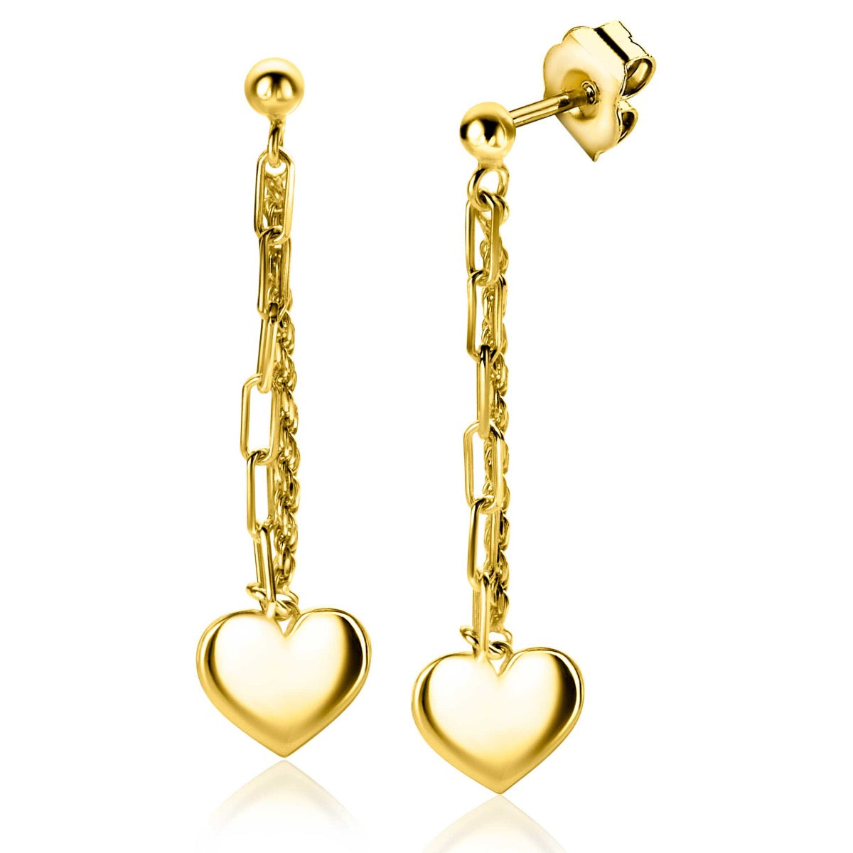 Gouden oorbellen met een hangende schakelketting en hartvormige bedels.
