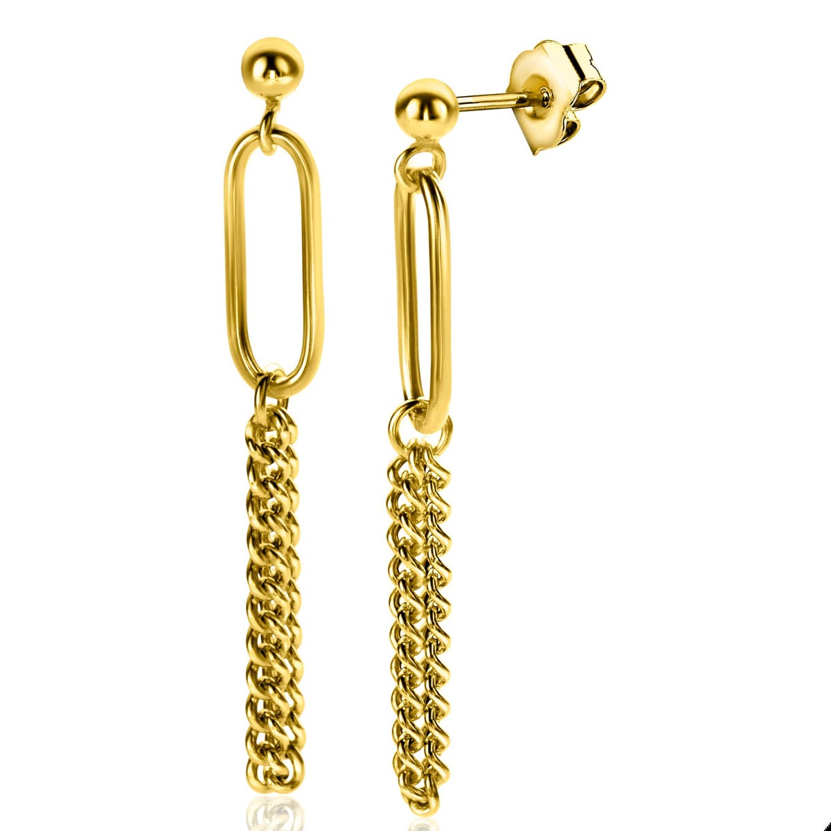 Gouden oorbellen met een schakelketting en een ronde stud, afgewerkt in een glanzende look.