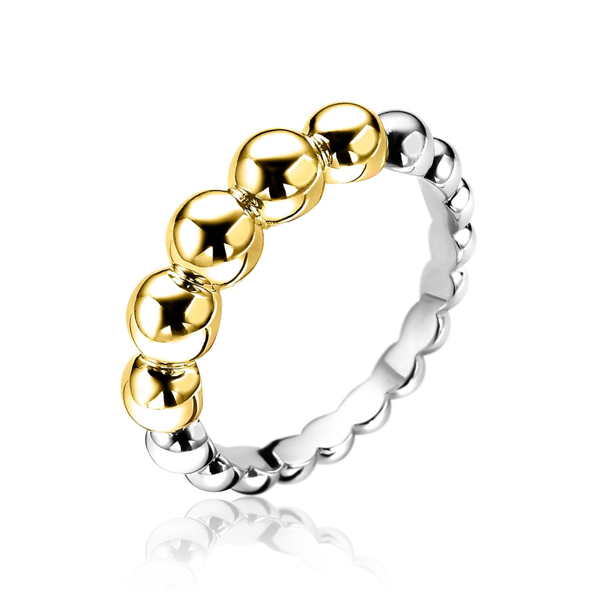 Gouden ring met bolvormige details en een zilveren, golvende band.
