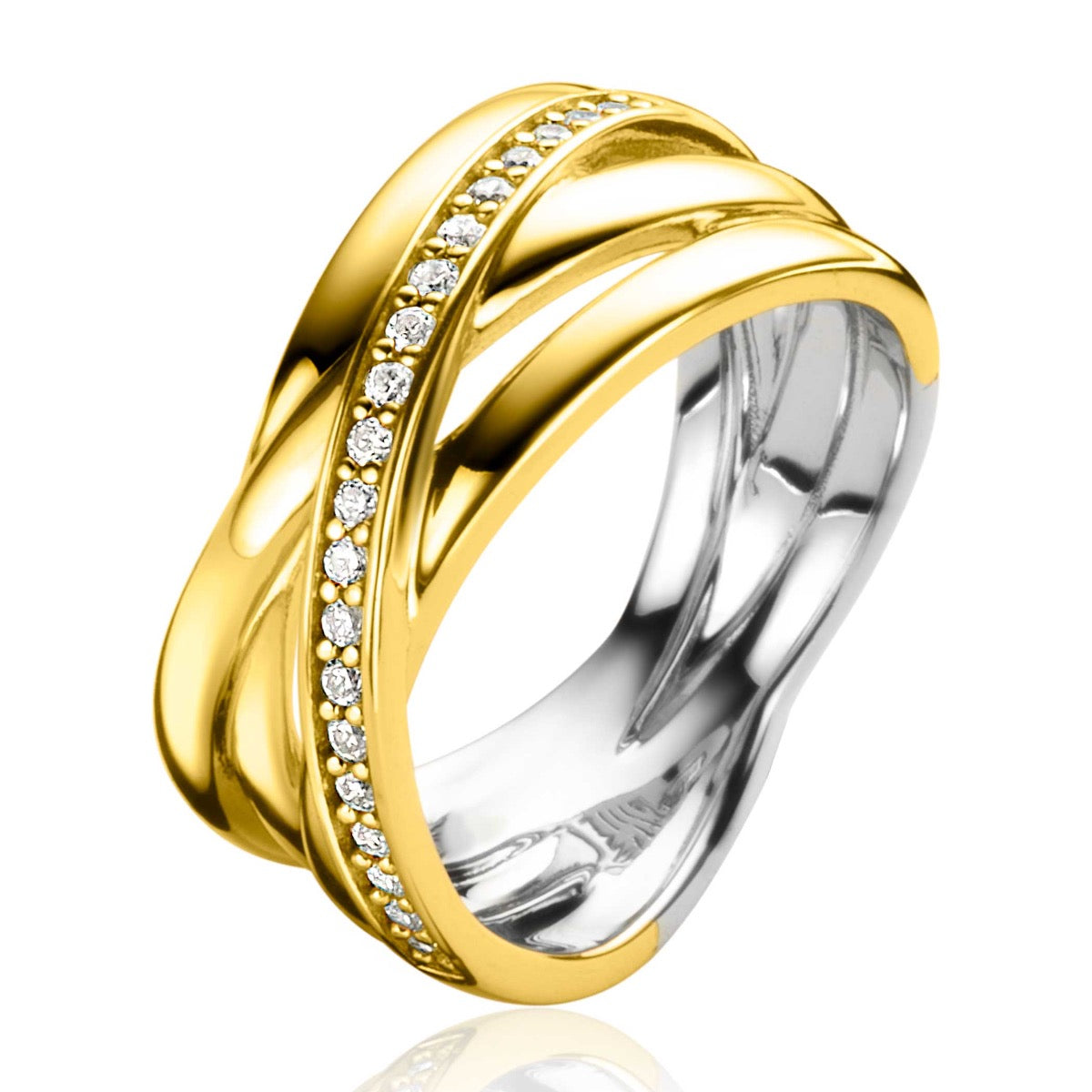 Gouden ring met een glanzende afwerking en een rij van kleine steentjes aan de bovenkant.