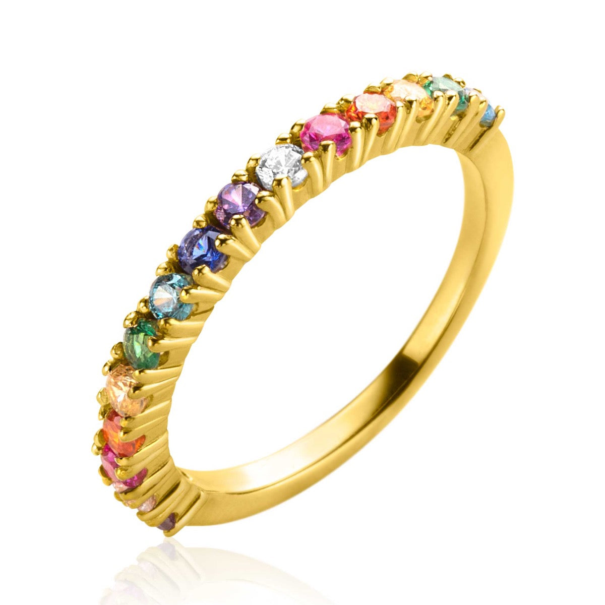 Gouden ring met kleurrijke stenen in verschillende tinten, gezet in een golvende zetting.