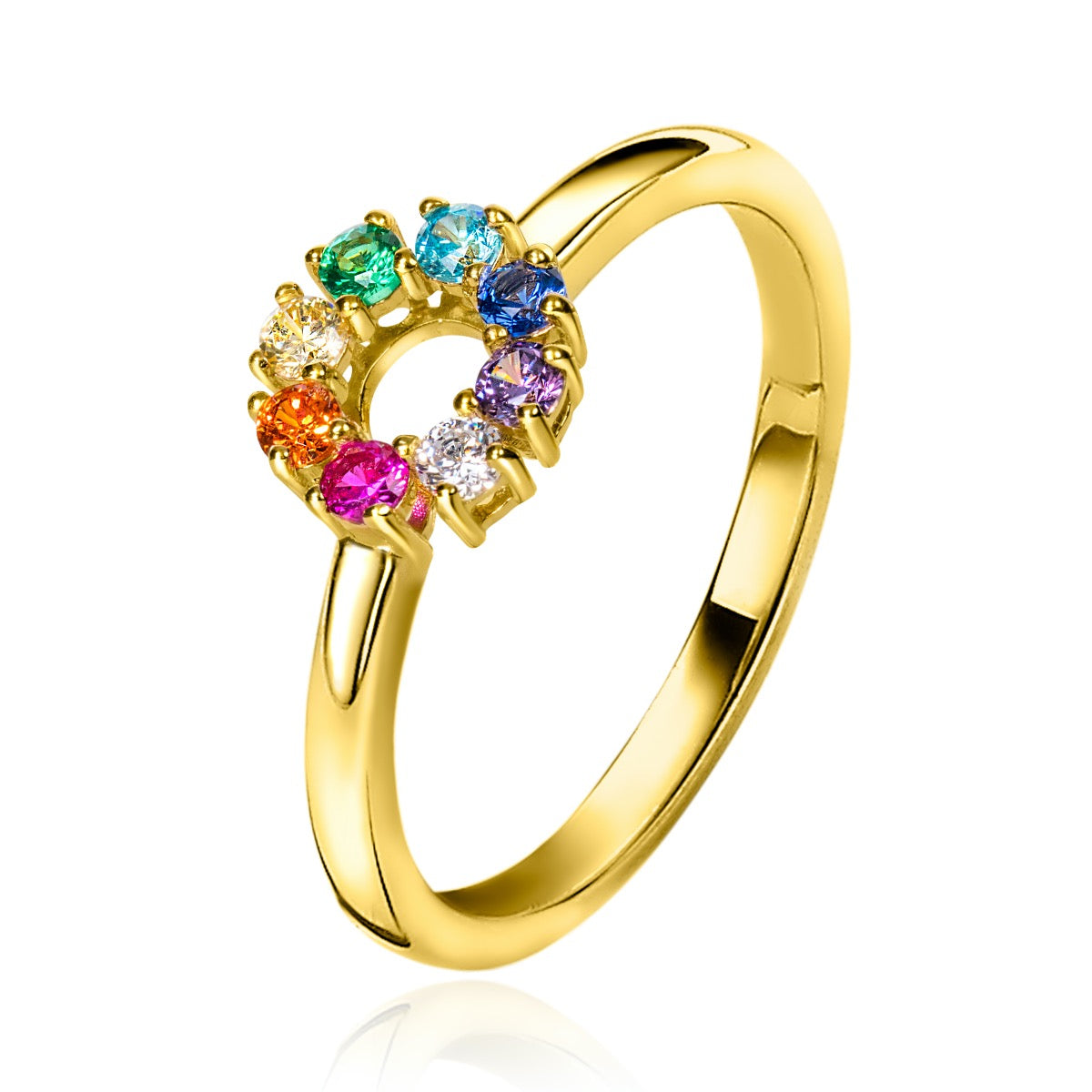 Gouden ring met kleurrijke stenen in een cirkelvormige opstelling.