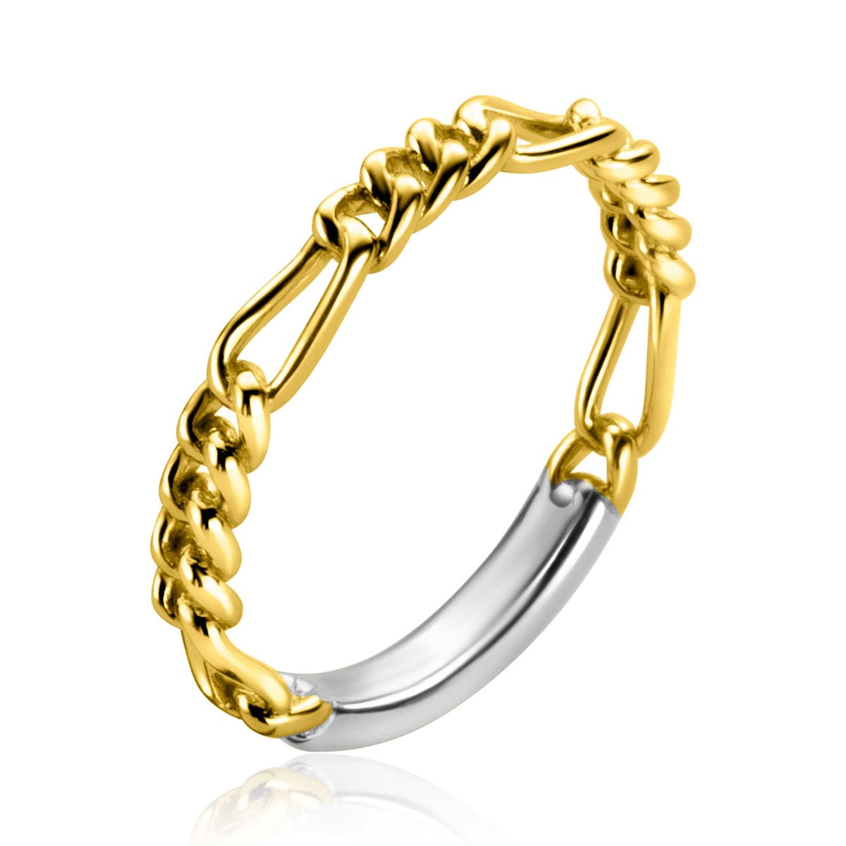 Gouden ring met een schakeldesign en een zilveren, glanzende band in het midden.