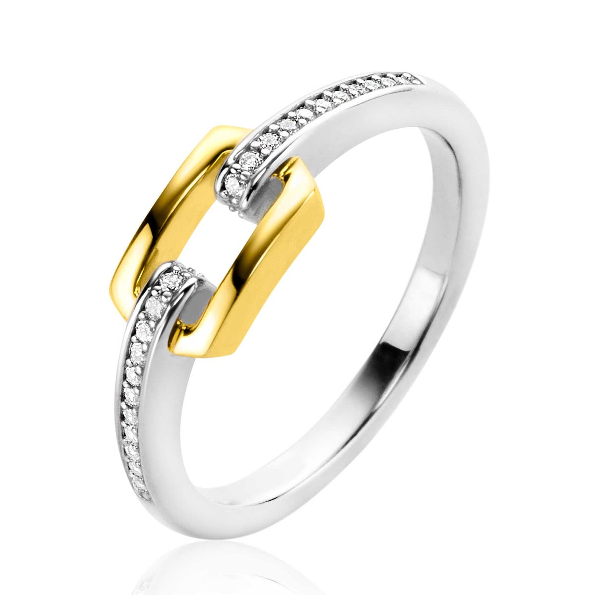 Gouden ring met zilveren band, versierd met kleine steentjes en een opvallende schakelvormige detail.