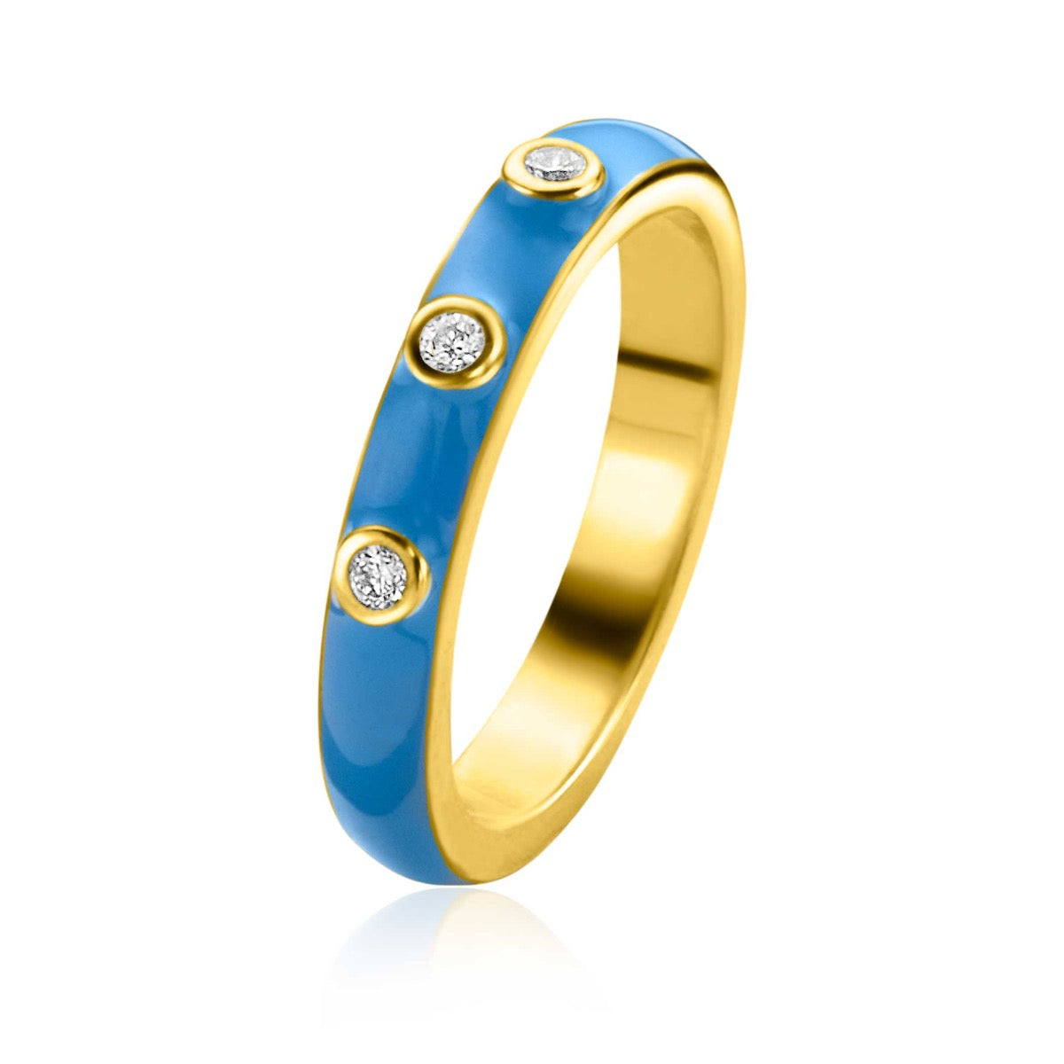 Gouden ring met blauwe emaille en drie kleine heldere steentjes.