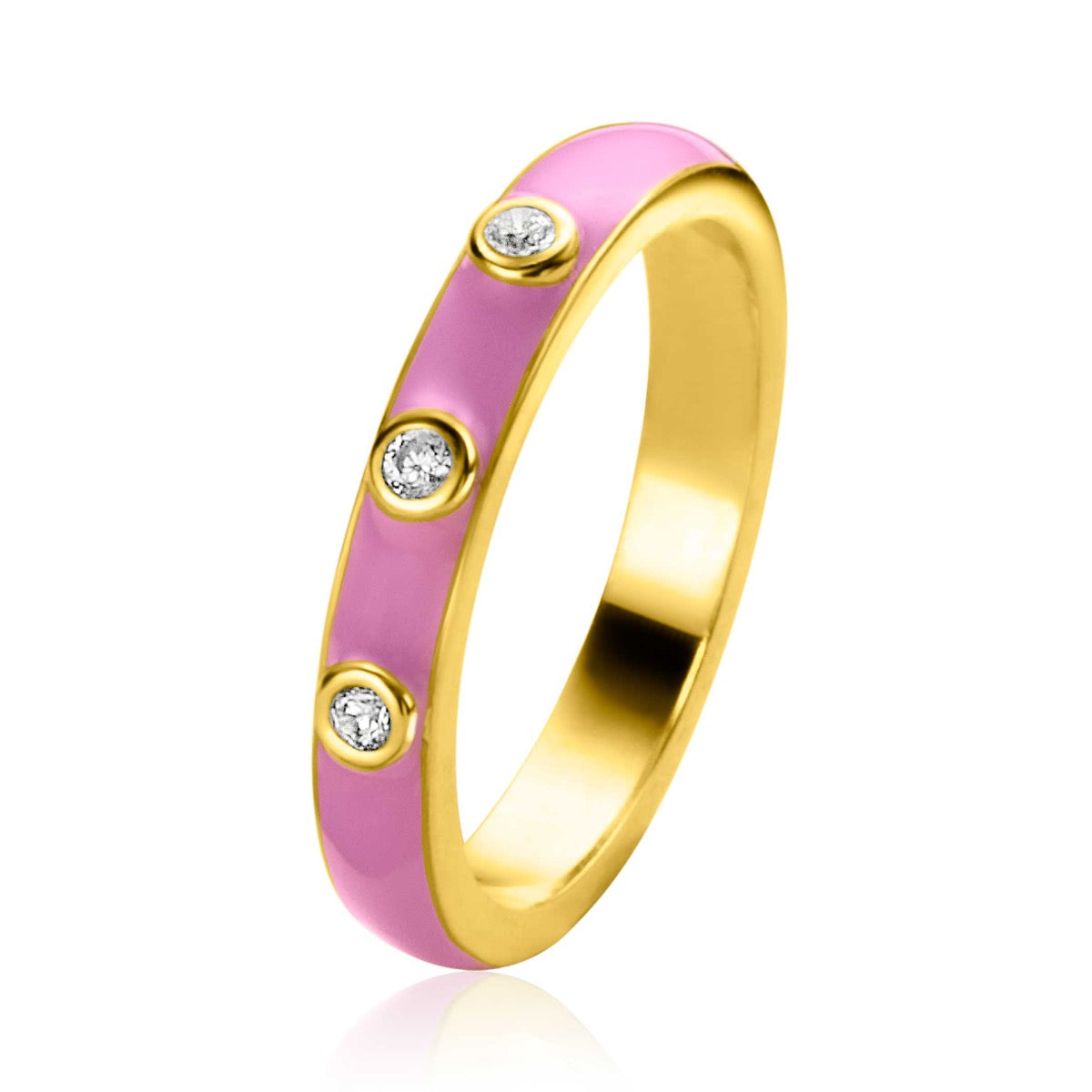 Gouden ring met roze emaille en drie kleine steentjes.