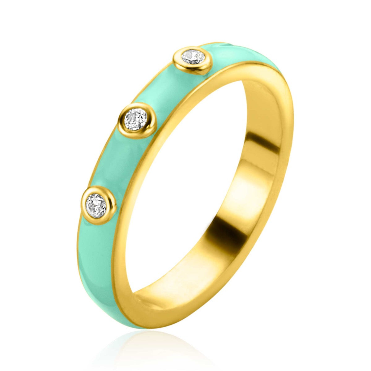 Gouden ring met turquoise emaille en drie kleine heldere steentjes.