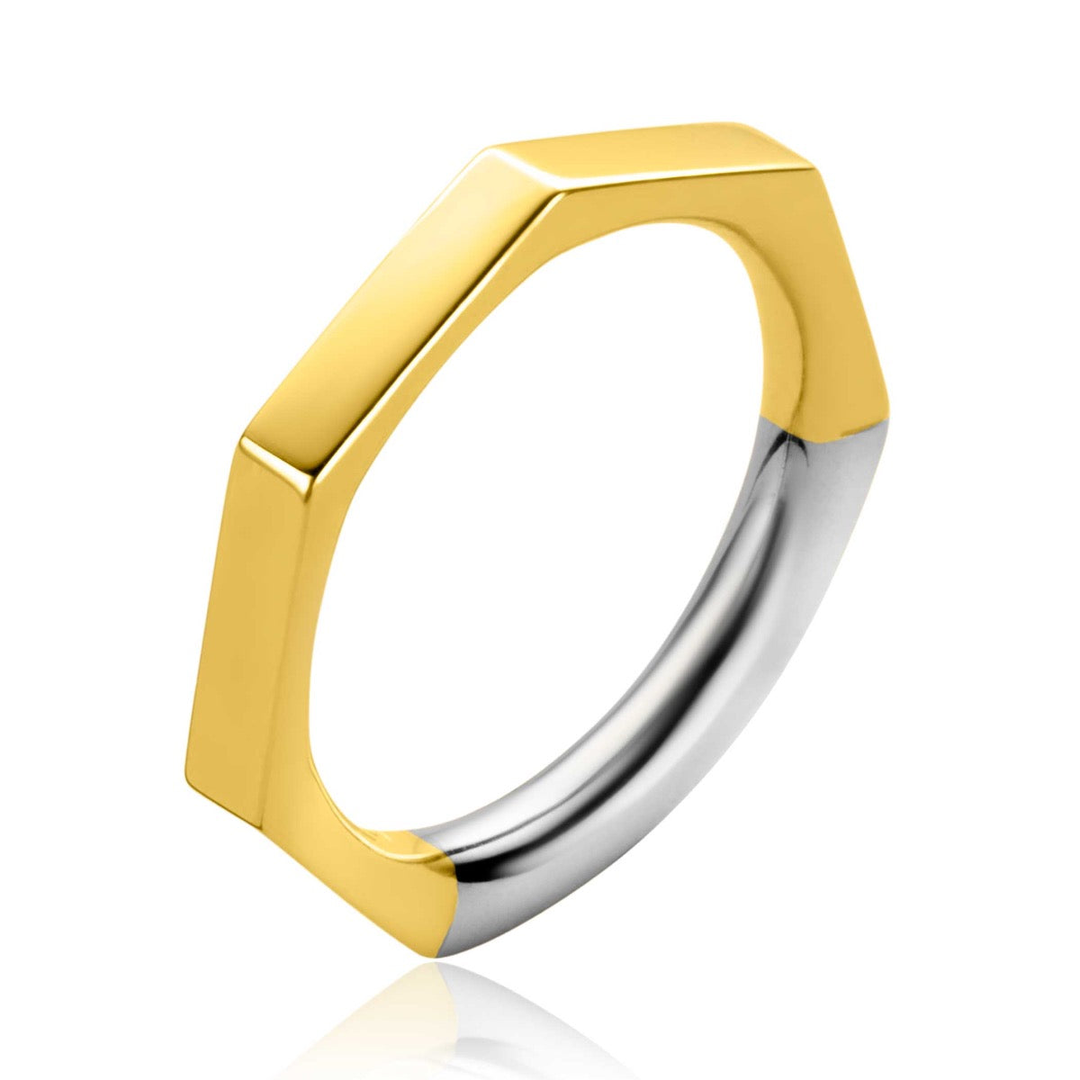 Gouden ring met een hexagonale vorm en een zilveren afwerking aan de onderzijde.