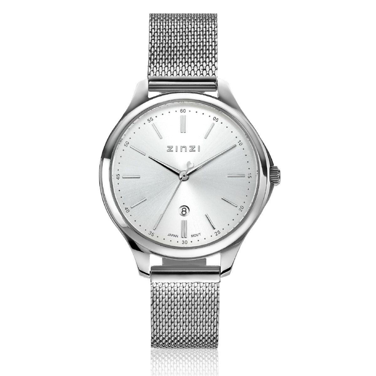 Zilverkleurig horloge van staal met een mesh-band en een zilveren wijzerplaat.