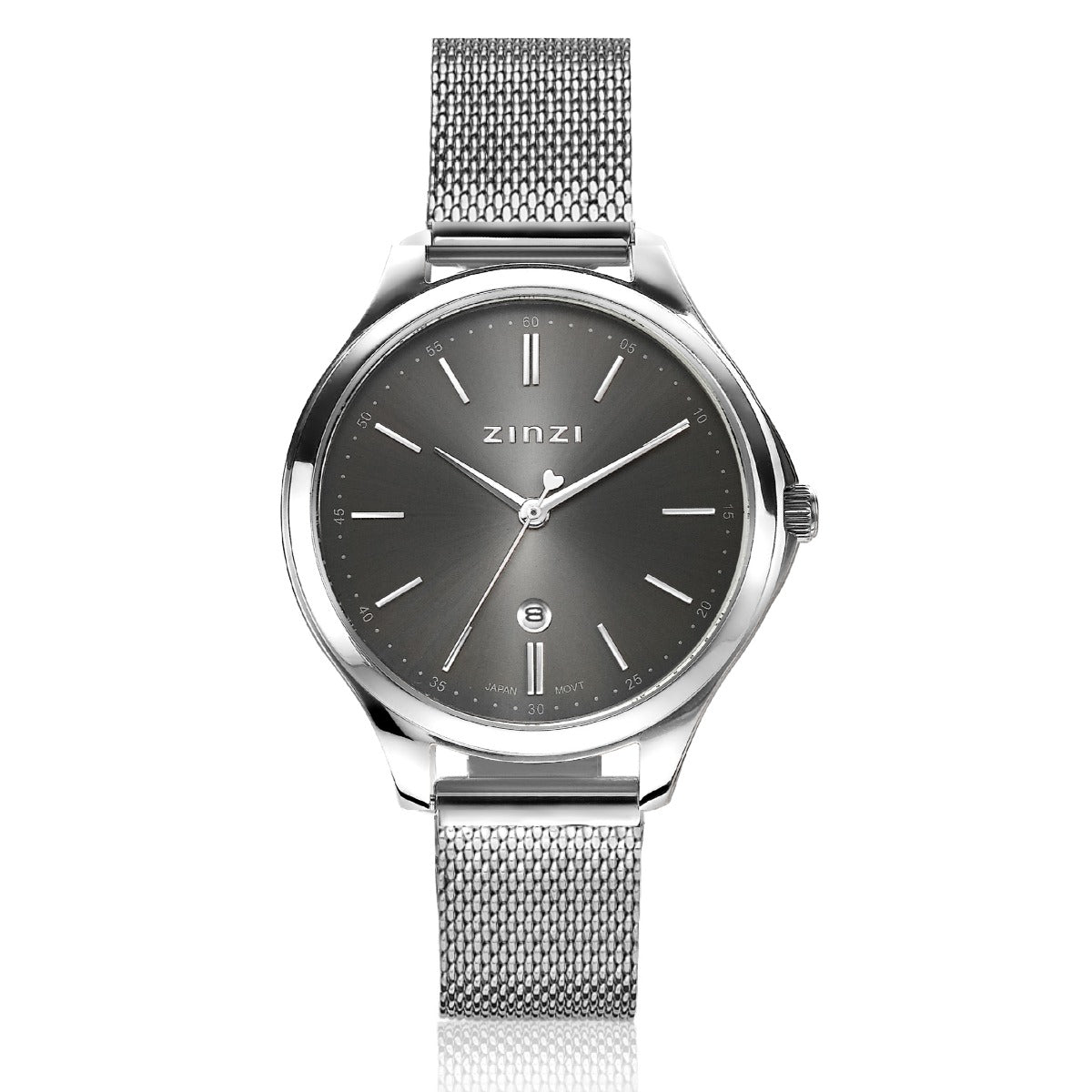 Zilverkleurig horloge van staal met een grijze wijzerplaat en een mesh-band.
