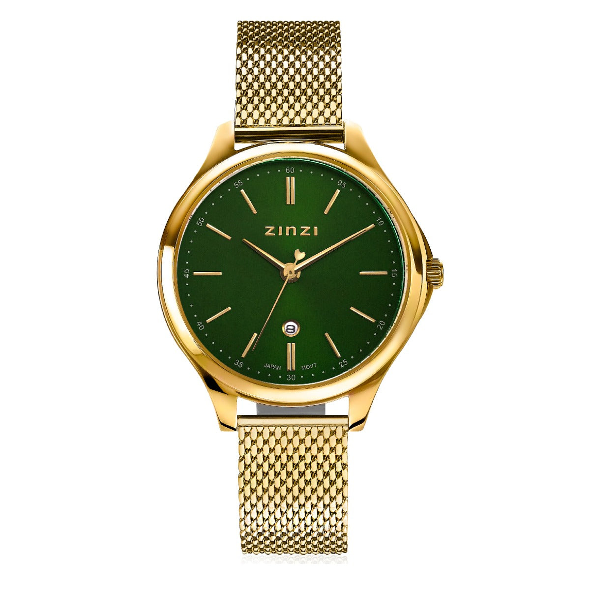 Goudkleurig horloge met groene wijzerplaat en mesh-band.